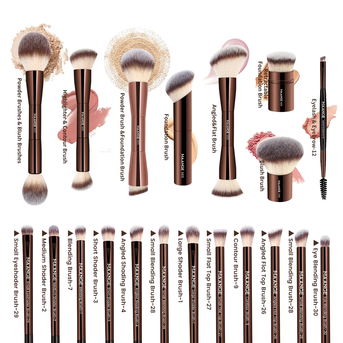 20Pcs/Set Pro Makeup Brushes Double Ended Foundation Concealers Blush Eye Shadows Brush for Liquid Cream Powder Blending